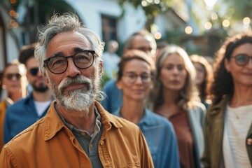 Sticker - Portrait of senior bearded man with eyeglasses looking at camera while standing in front of his friends