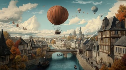 Canvas Print - Hot Air Balloon Over a Medieval Cityscape