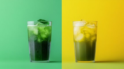 Two glasses of green iced tea on a green and yellow background.