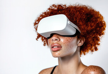 A woman with curly red hair and freckles is wearing a white VR headset, exploring virtual reality. Her futuristic look contrasts with her natural appearance, highlighting the blend of technology