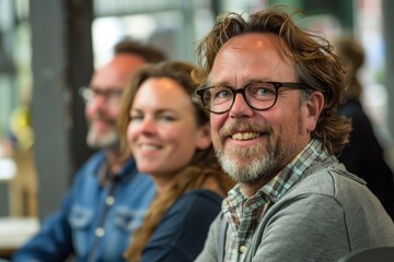 Wall Mural - Portrait of smiling senior man with eyeglasses looking at camera with friends in background