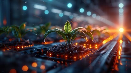 AI-powered robotic farm with autonomous machinery, agriculture, cyberpunk, neon lights, detailed, futuristic