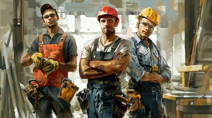 Aufkleber - A repair team stands confidently with tools and materials, ready to begin construction tasks in a well-lit workshop area. Generative AI