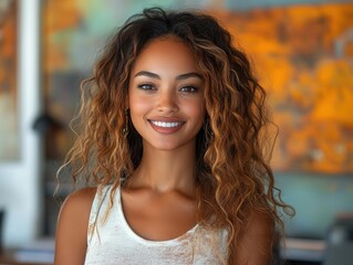 blissful young blasian businesswoman smiling at her desktop in a bright, creative office. the modern setting enhances her confidence and success, showcasing a vibrant professional life