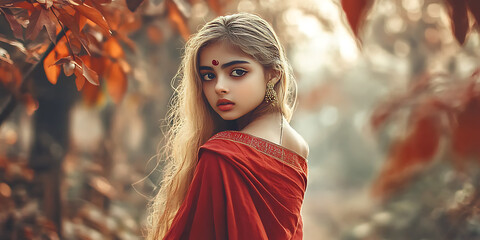 Mystical Gaze: A young woman with a bindi on her forehead,  dressed in a traditional red sari, gazes over her shoulder with an air of mystery and allure, set against a backdrop of autumn foliage.