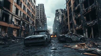 Canvas Print - A desolate urban landscape featuring burnt buildings and abandoned cars after a catastrophic event.