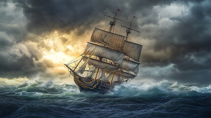 Sticker - A majestic ship battles turbulent waves under a dramatic sky, evoking adventure and resilience.