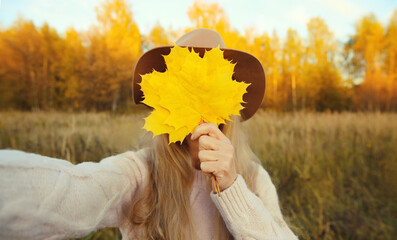 Wall Mural - Happy cheerful young woman taking selfie with smartphone, yellow leaves, funny joyful girl in park