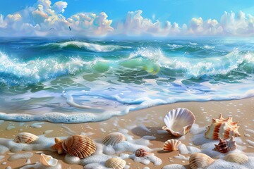 Poster - Colorful seashells line the sandy beach as waves gently crash, creating a peaceful atmosphere under a bright blue sky. Generative AI