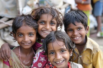 Canvas Print - Portrait of a group of smiling Indian children.