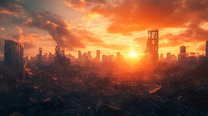 Wall Mural - A post-apocalyptic cityscape at sunset, showcasing destruction and a hauntingly beautiful atmosphere.