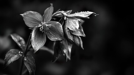 Poster - Black and White Flower with Dew Drops - Close Up Photography