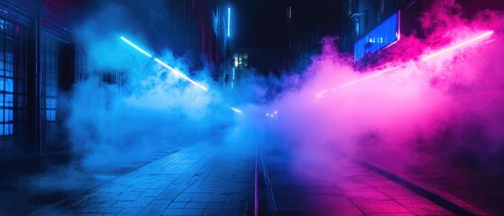 Wall Mural - blue neon light ambiance with an empty street and smoke