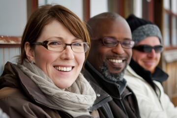 Sticker - Portrait of happy multiethnic group of friends sitting in cafe