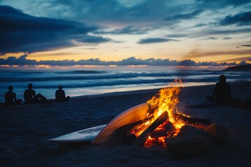 Poster - A serene beach scene at sunset with a campfire and surfers enjoying the view.