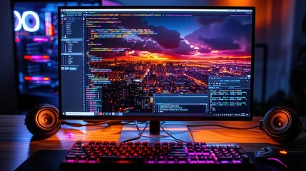 Coding and programming environments, high-tech, vibrant colors, photography, detailed, modern