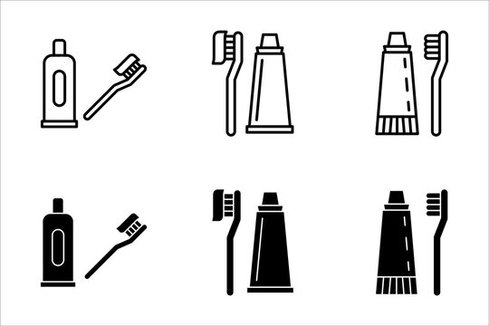 set of toothpaste and toothbrush icons, Isolated dental hygiene vector illustration, Dental care symbol, on white background.