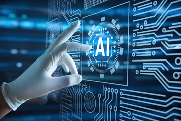 Wall Mural - a photo of a white glove on a hand interacting with a digital display that showcases various ai-rela