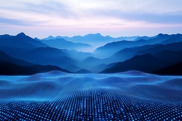 Wall Mural - A digital landscape depicting mountains and a wave of blue light, suggesting depth and technology.