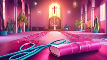 Canvas Print - Pink Church Interior with Stained Glass and Rosary Beads