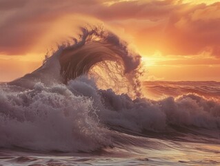 Canvas Print - ocean, wave, sunset, water, nature, sea, horizon, beauty, movement, clouds, dramatic, colors, sunlight, tranquility, power, horizon, dynamic, landscape, scenic, environment This image showcases a ma