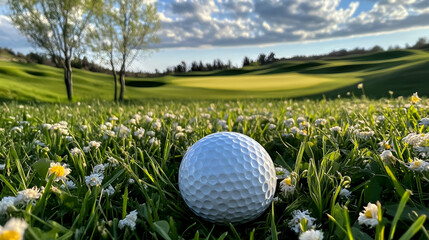 Wall Mural - A close-up of a golf ball on a grassy field with a scenic background.