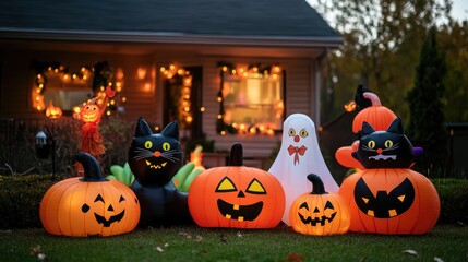 Halloween outdoor decorations featuring inflatable pumpkins cats and ghosts near a residence