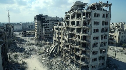 Canvas Print - A desolate urban landscape showcasing heavily damaged buildings and debris, reflecting the aftermath of conflict.