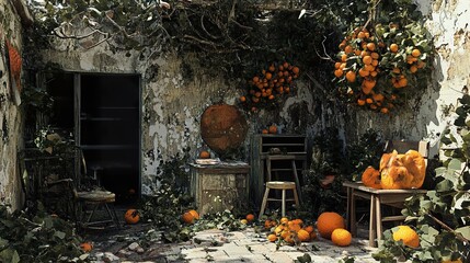 Canvas Print - Overgrown Ruin with Oranges - Abandoned House