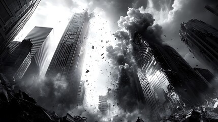 Poster - A dramatic scene of destruction in a cityscape, featuring crumbling skyscrapers and billowing clouds of dust.