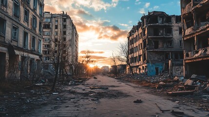 Sticker - A desolate street with abandoned buildings at sunset, highlighting urban decay and neglect.