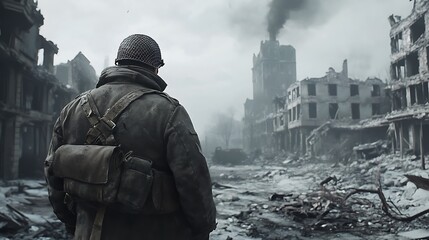 Wall Mural - A soldier stands in a war-torn city, surrounded by destruction and smoke, evoking a sense of loss and resilience.