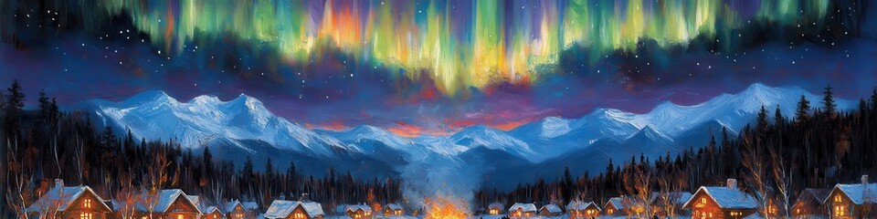 Poster - Majestic Northern Lights Over Snowy Mountain Village: Discover the Awe-Inspiring Aurora Borealis in a Serene Winter Wonderland