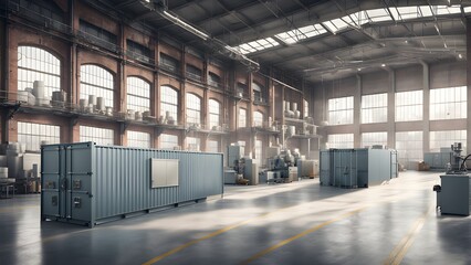 A large, empty industrial warehouse with large windows and two shipping containers.