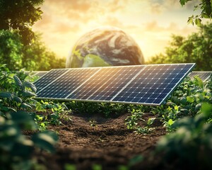 Detailed image of solar panels surrounded by vibrant greenery with Earth visible in the background, representing clean energy and ecofriendly practices