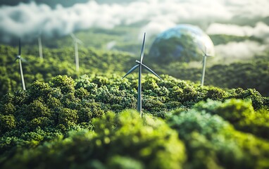 Detailed image of wind turbines and the Earth enveloped in greenery, representing renewable energy and ecofriendly sustainability, vibrant and realistic