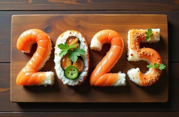 bold numbers 2025 made of sushi and rolls on a wooden background, top view, flatly