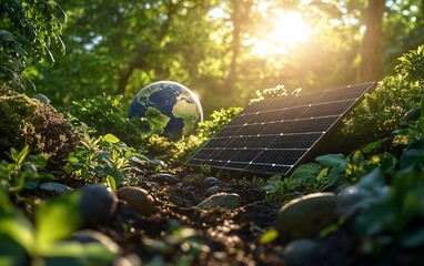 solar panels among lush greenery with earth in the background, representing ecofriendly energy solut
