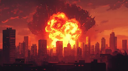 Poster - A dramatic explosion over a city skyline at sunset, creating a vivid and intense atmosphere.