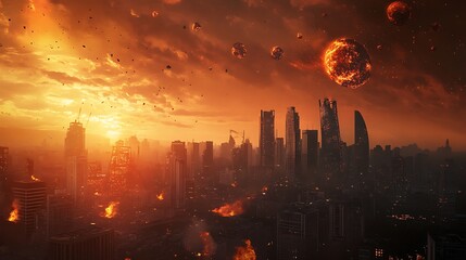 Canvas Print - A dramatic apocalyptic cityscape with a fiery sky and celestial bodies, depicting destruction and chaos.