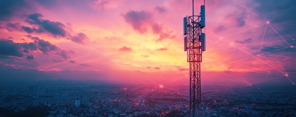 Poster - A 5G base station receiver on a steel telecom tower, with vibrant digital connections weaving through the sky
