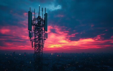 Poster - A 5G base station receiver on a sleek telecom tower, with vibrant network connections radiating across the horizon
