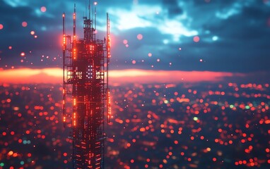 Poster - A 5G base station receiver on a sleek telecom tower, with vibrant network connections radiating across the horizon