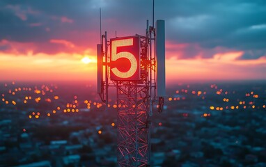 Poster - A 5G base station receiver on a sleek telecom tower, with vibrant network connections radiating across the horizon