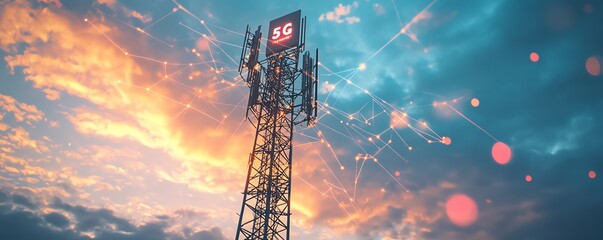 Poster - A 5G base station receiver on a steel telecom tower, with vibrant digital connections weaving through the sky