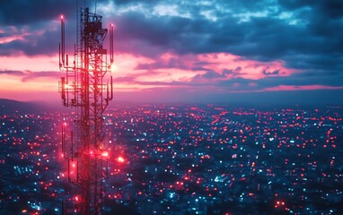 Poster - A cuttingedge 5G base station receiver on a telecom tower, with luminous network connections stretching into the distance