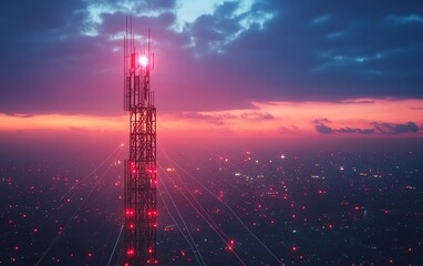 Poster - A cuttingedge 5G base station receiver on a telecom tower, with luminous network connections stretching into the distance