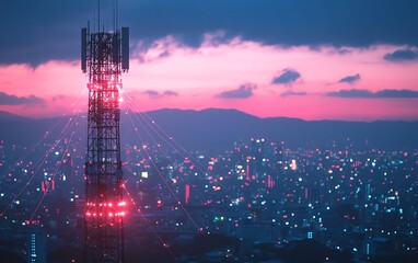 Poster - A cuttingedge 5G base station receiver on a telecom tower, with luminous network connections stretching into the distance