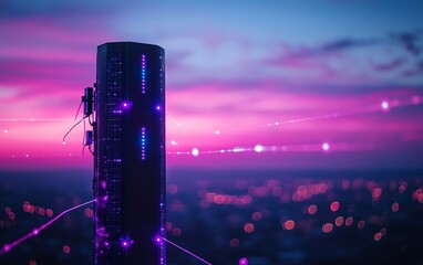 Poster - A cuttingedge 5G base station receiver on a telecom tower, with luminous network connections stretching into the distance