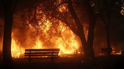 Canvas Print - A dramatic scene of a forest fire with flames engulfing trees and benches in a smoky atmosphere.